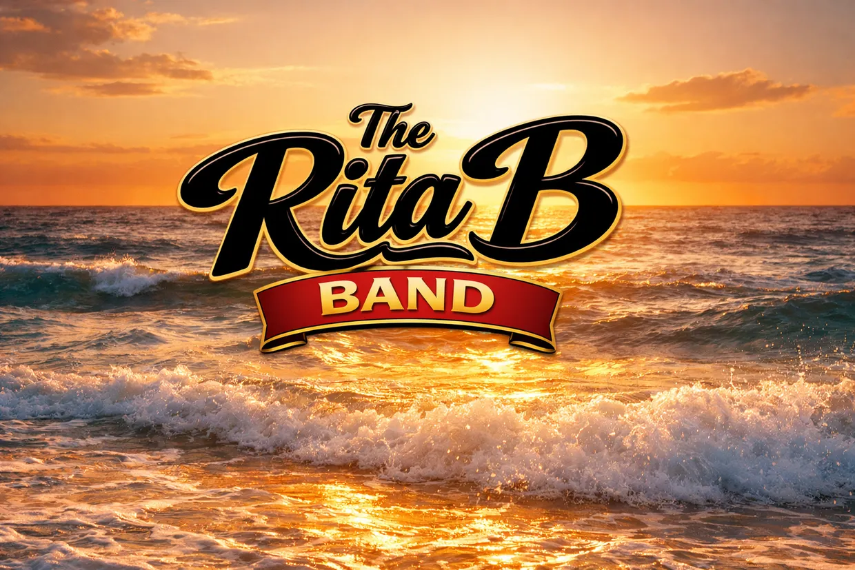 The Rita B Band hand-lettered logo over a Gulf sunset